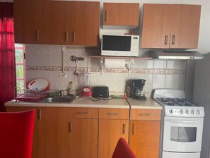 Efficient kitchen with a gas stove, microwave, and basic appliances.