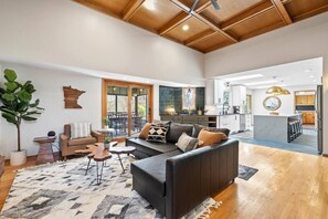 TV, fireplace, books, offices