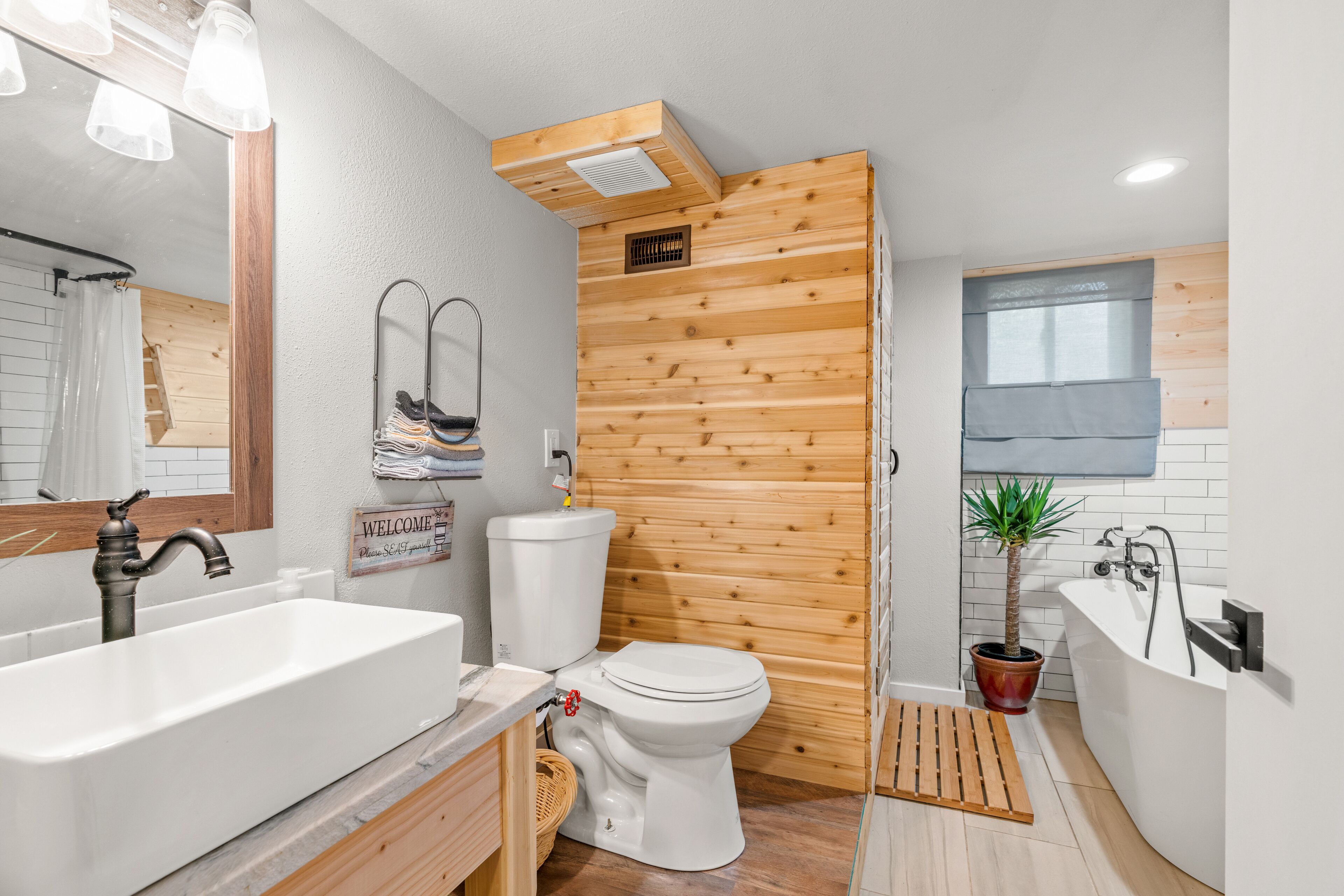 Hair dryer, bidet, towels, soap