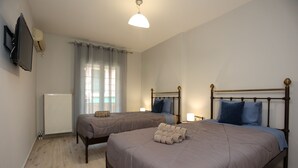 Un dormitorio con dos camas, televisión y ventana con cortinas.