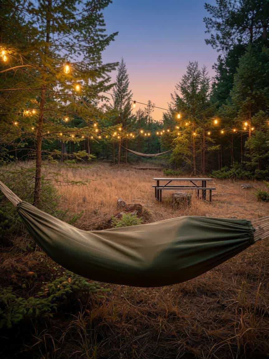 Una hamaca en un área boscosa con una mesa de picnic y luces colgantes.