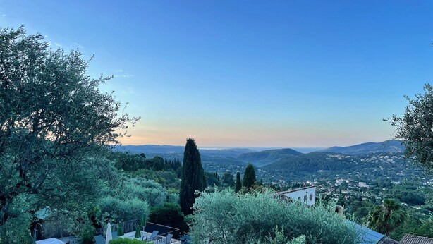 A pool surrounded by lush greenery and a view of a distant town.