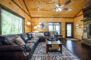 Smart TV, fireplace, books, music library