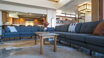 Smart TV, fireplace, DVD player, foosball