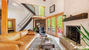Smart TV, fireplace, books