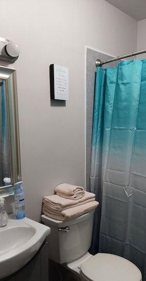 Hair dryer, towels, toilet paper