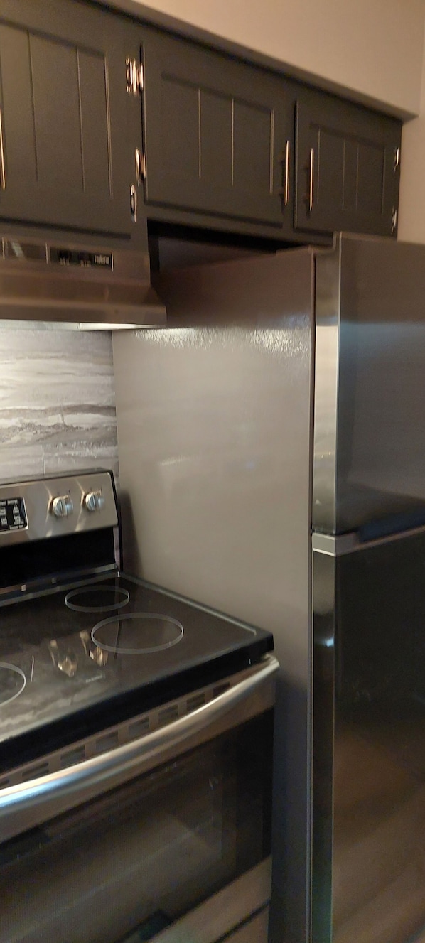Cucina con frigorifero in acciaio inossidabile, piano cottura nero in vetro e pensili in legno scuro.