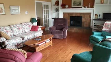Fireplace, DVD player, books, printers