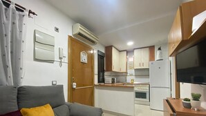 A compact kitchen with a grey sofa, a wooden cabinet, a TV, and a small plant. - Madrid Delicias II - One-bedroom apartment (Madrid)