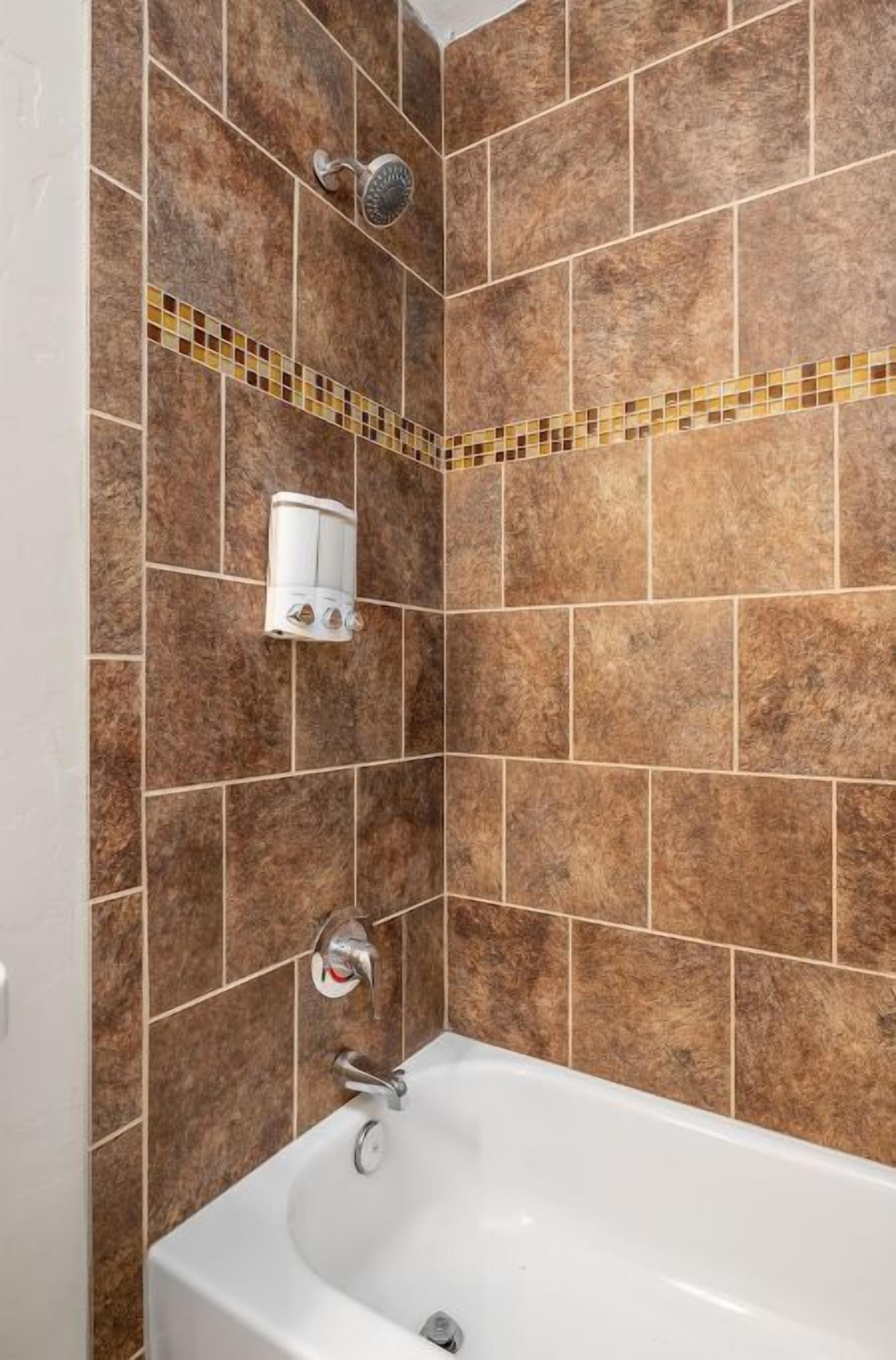 Un bagno con una vasca da bagno bianca, un soffione a mano e un erogatore di sapone montato a parete.