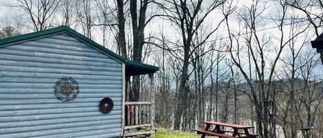 A rustic cabin with a porch, a picnic table, and a birdhouse in a wooded area.
