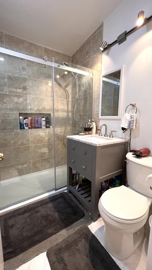 Ducha, secador de pelo, toallas, jabón