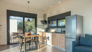 A modern kitchen with a built-in washing machine, a dining area with a table and chairs, and a blue sofa in a living area. - Casatino Villas #1 (kalianeika)