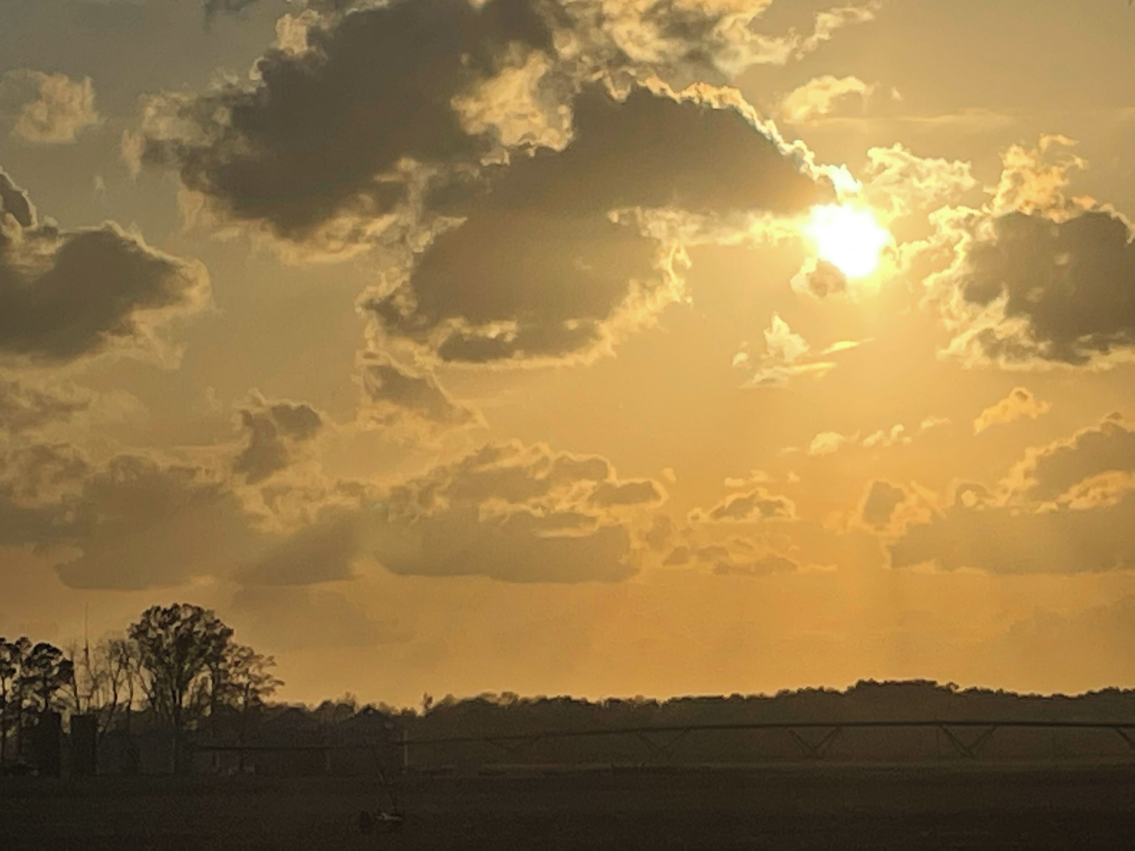 A sunset with clouds and a silhouette of trees.