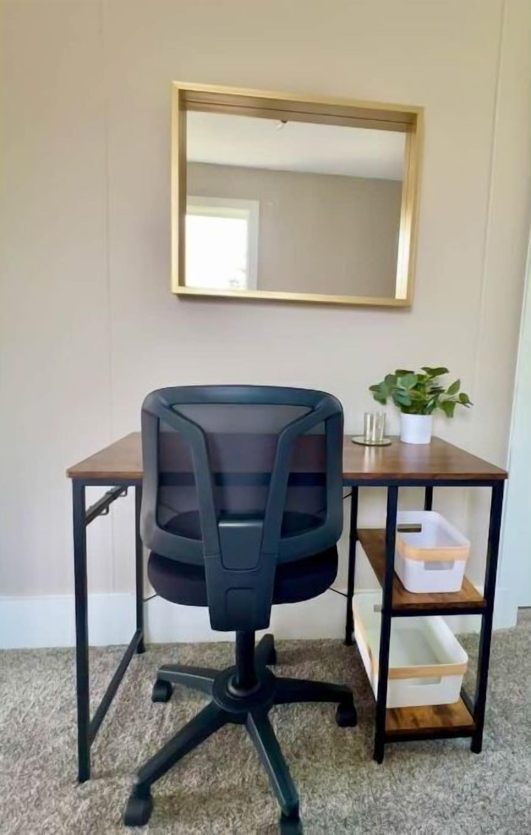 A room with a desk, chair, mirror, potted plant, and storage shelves.