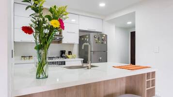 Fridge, microwave, oven, coffee/tea maker