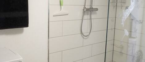 A glass-enclosed shower with a handheld showerhead and a wall-mounted faucet.