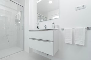 Shower, hair dryer, towels
