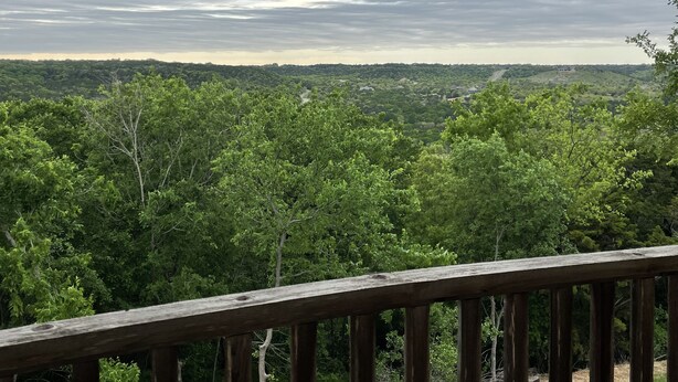 Une terrasse en bois donnant sur une forêt dense, sous un ciel nuageux.