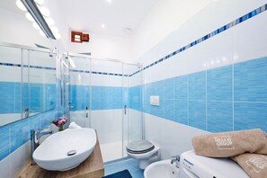 Shower, hair dryer, bidet, towels