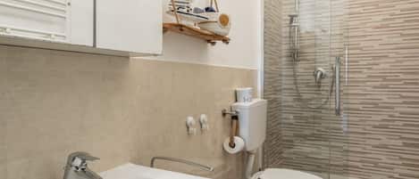 A bathroom with a white sink, a toilet, a glass shower enclosure, and a decorative shelf with a sailboat model.