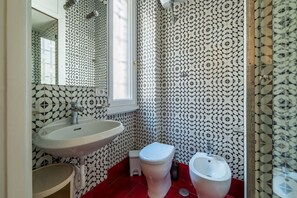 Shower, hair dryer, bidet, towels