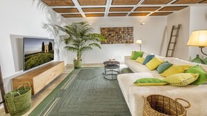 Ein modernes Wohnzimmer mit einem großen Flachbildfernseher, einer Zimmerpflanze, einem gewebten Korb und einem gemusterten Teppich.