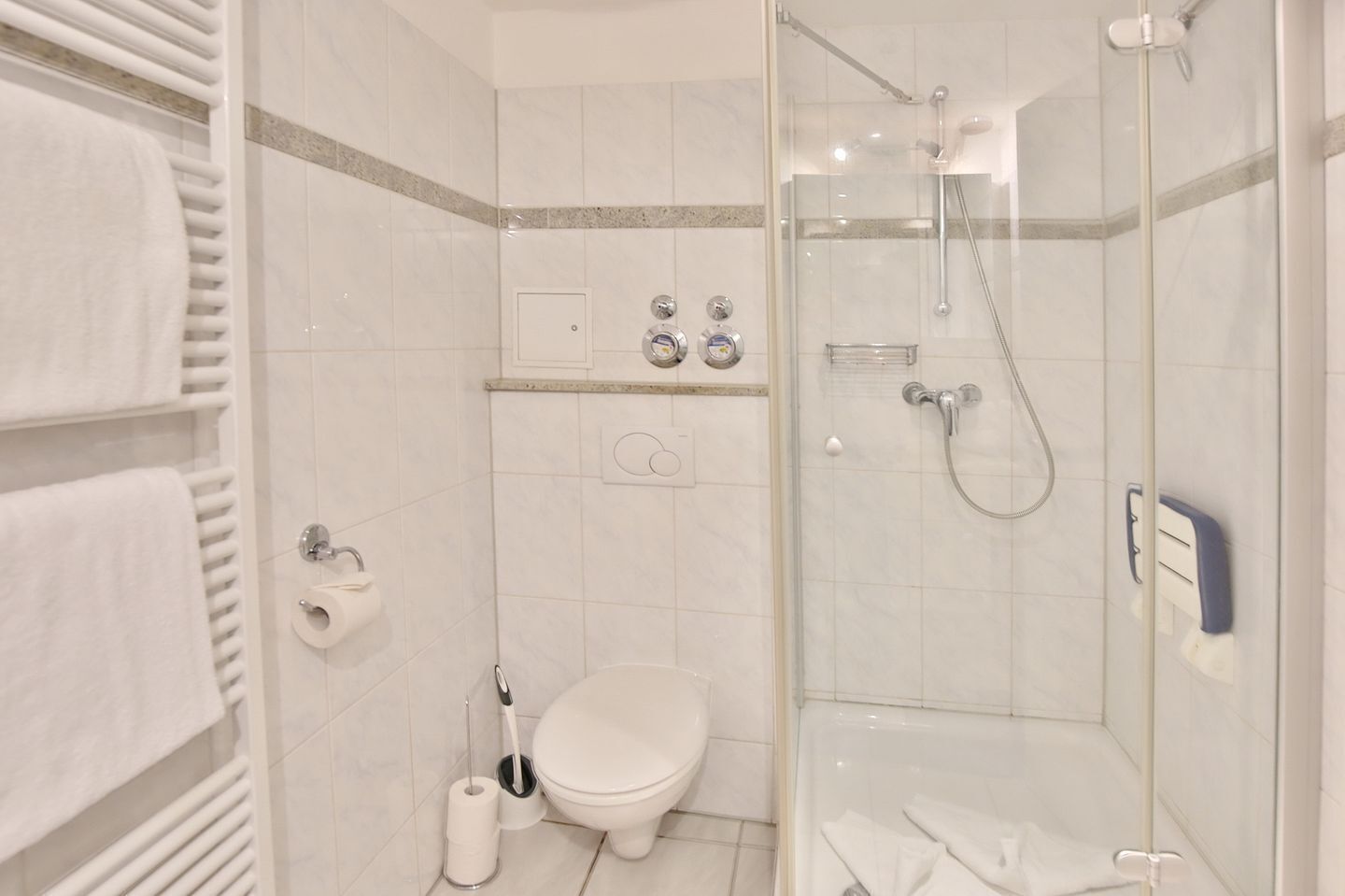 A modern bathroom with a glass-enclosed shower, a toilet, and a towel rack.
