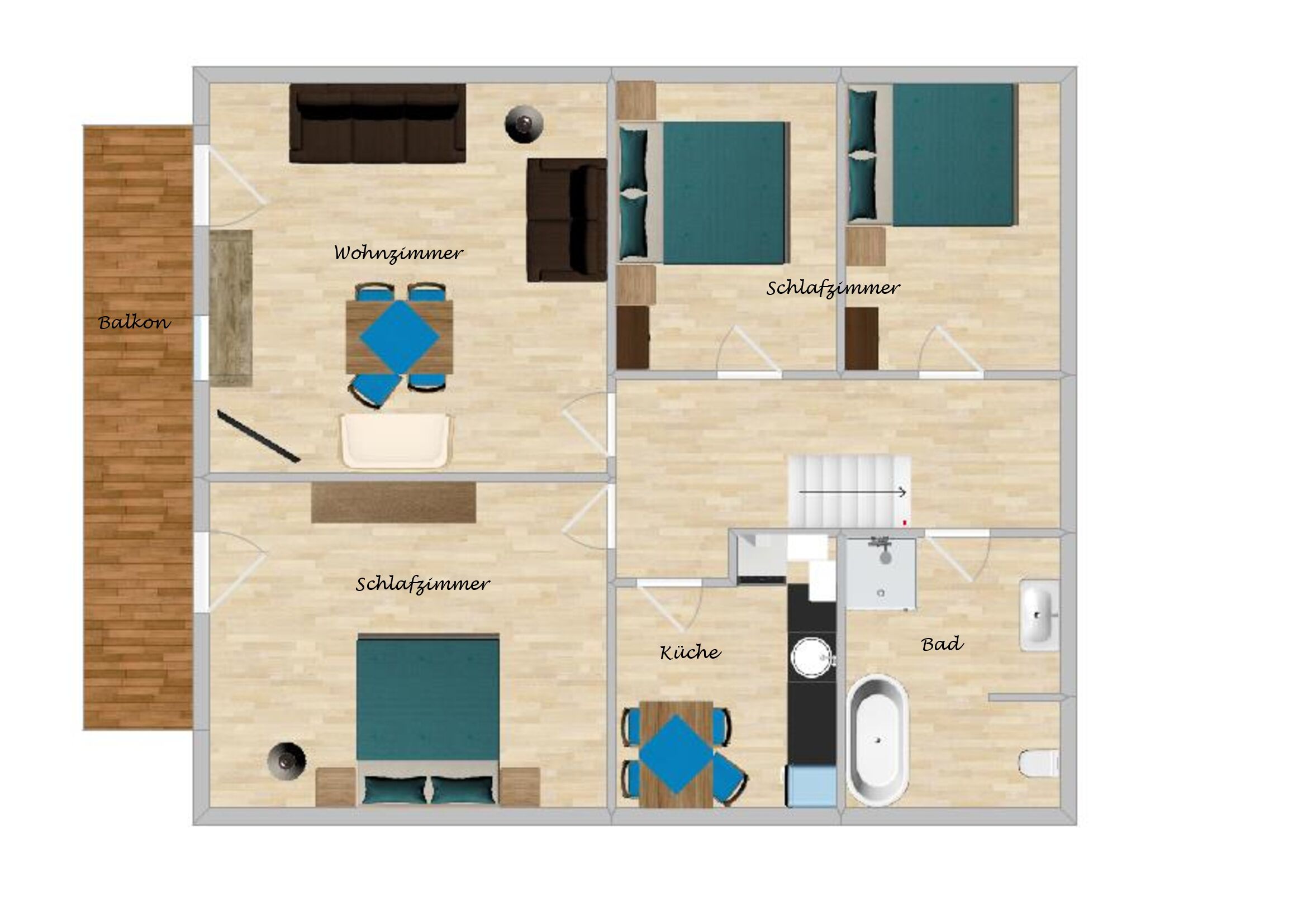Ein Hotelzimmer mit Balkon, Wohnzimmer, zwei Schlafzimmern, einer Küche und einem Badezimmer.