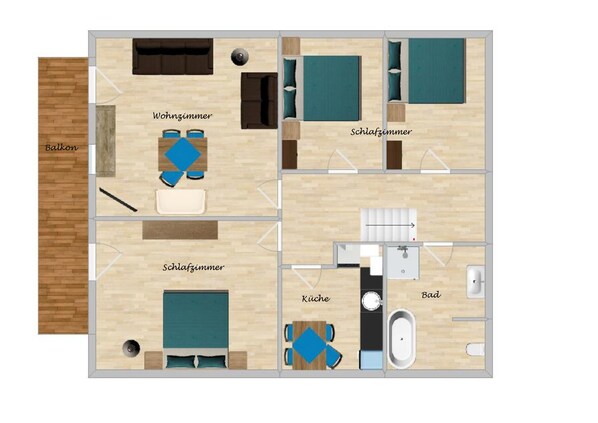 Ein Hotelzimmer mit Balkon, Wohnzimmer, zwei Schlafzimmern, einer Küche und einem Badezimmer.