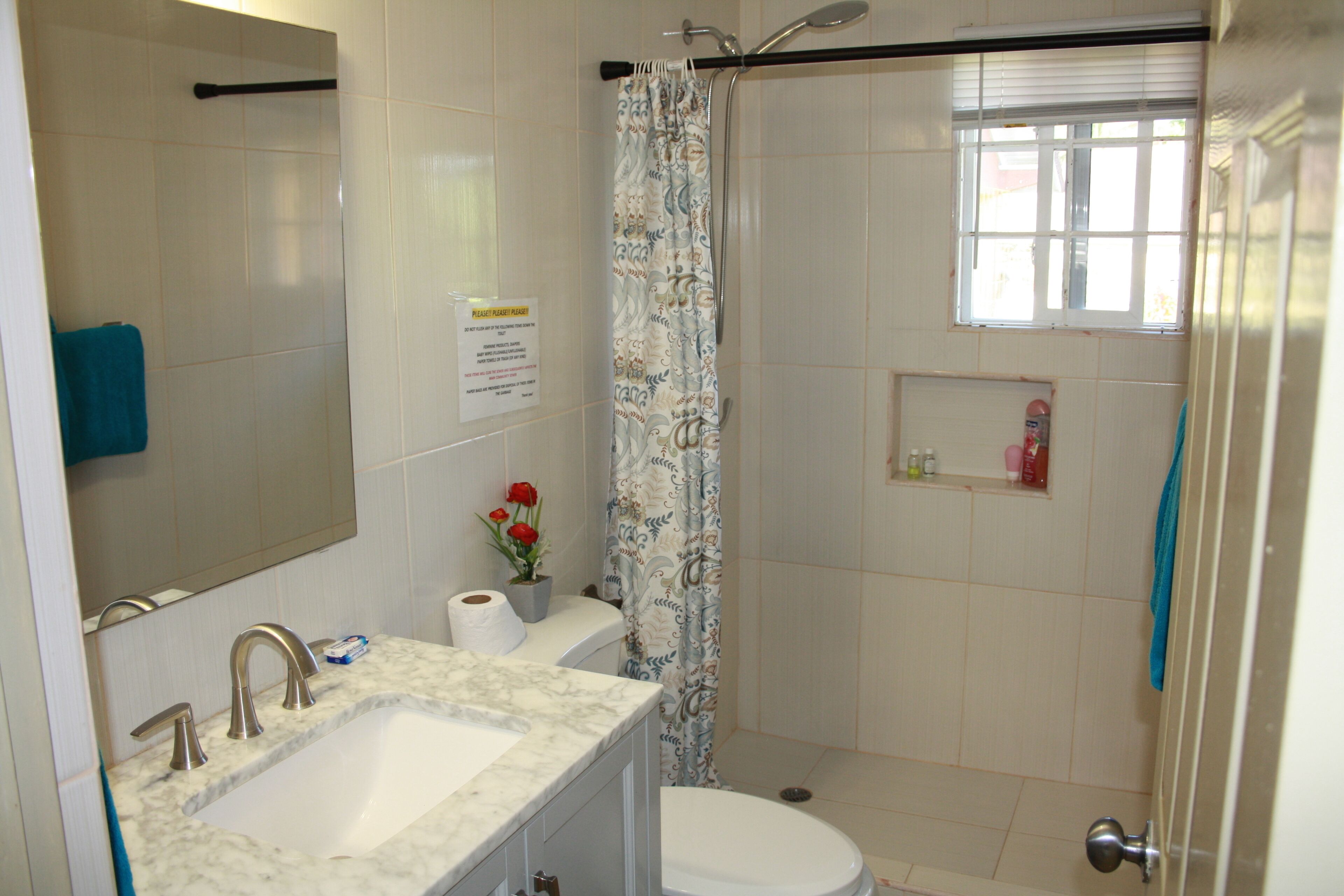 A bathroom with a sink, toilet, shower, and a window.