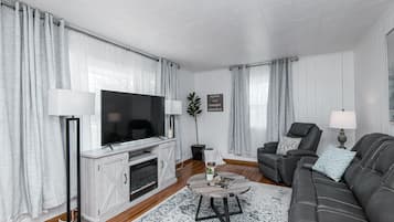 Smart TV, fireplace, books