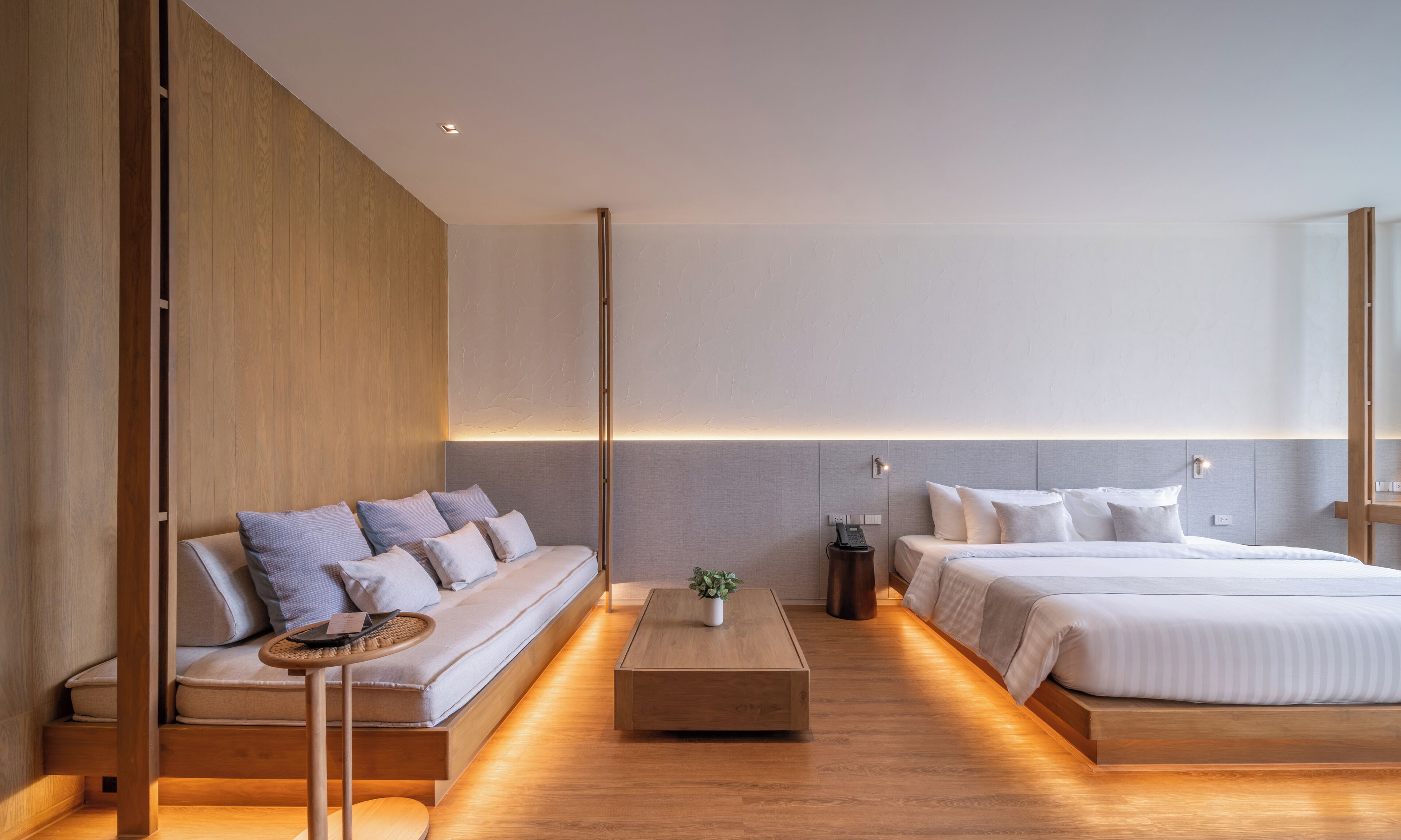 A modern hotel room with a sofa, a bed, a small table, and a plant.
