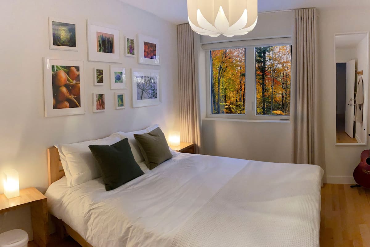 A bedroom with a large bed, multiple pillows, a bedside table with a lamp, a window with autumn foliage view, and several framed pictures on the wall.