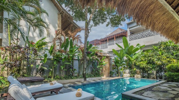 Un área de piscina con sillones de descanso y plantas tropicales.