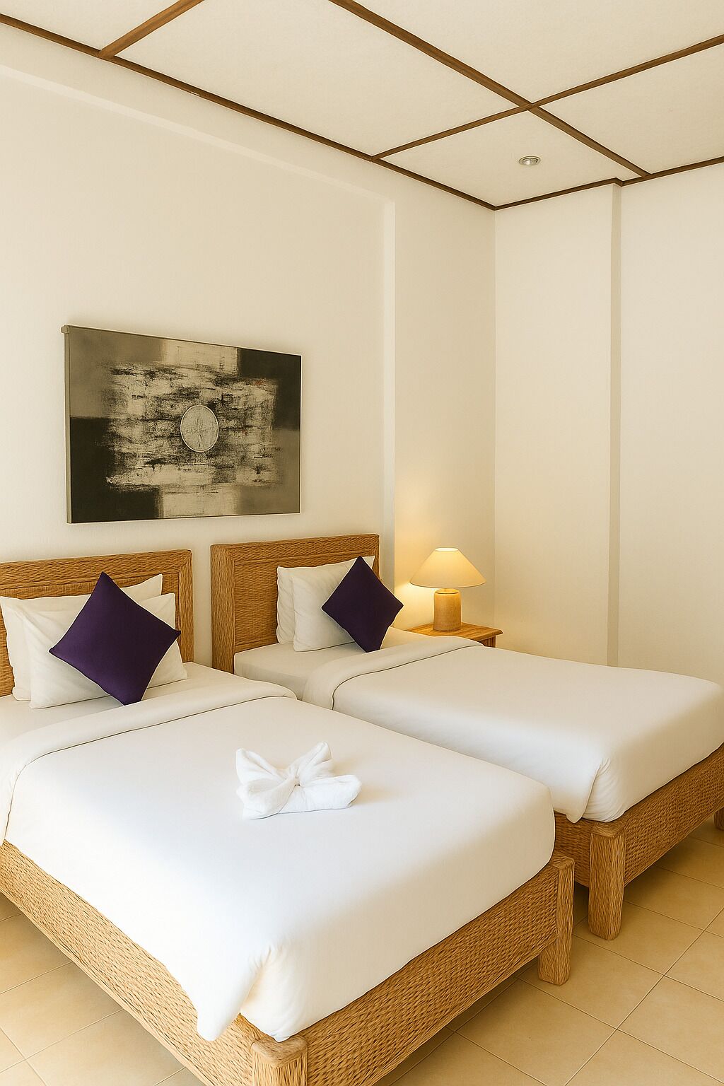 A hotel room with two beds, a headboard, a bedside table with a lamp, and a wall-mounted abstract painting.