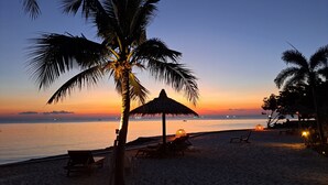 A beach scene with a palm tree, a thatched umbrella, and beach chairs. - Sense Asia Beach Resort (Ko Pha-ngan)