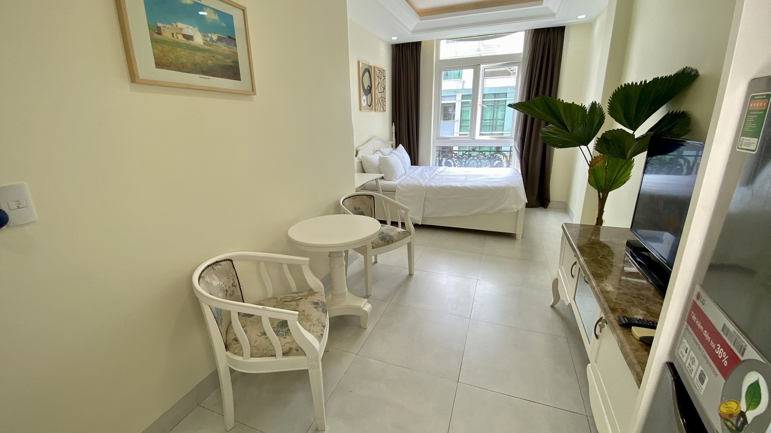 Habitación de hotel compacta con cama, una pequeña mesa de comedor con sillas, televisión y una planta grande.