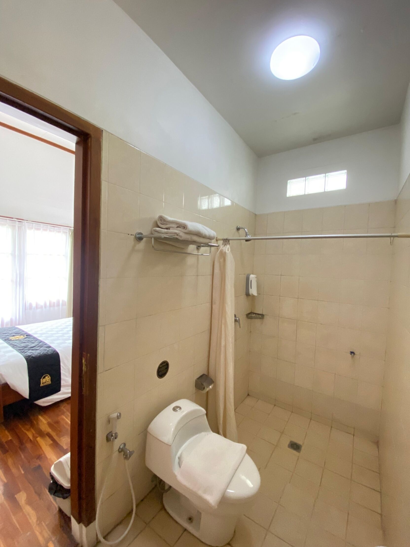 A bathroom with a toilet, shower, and a towel rack.