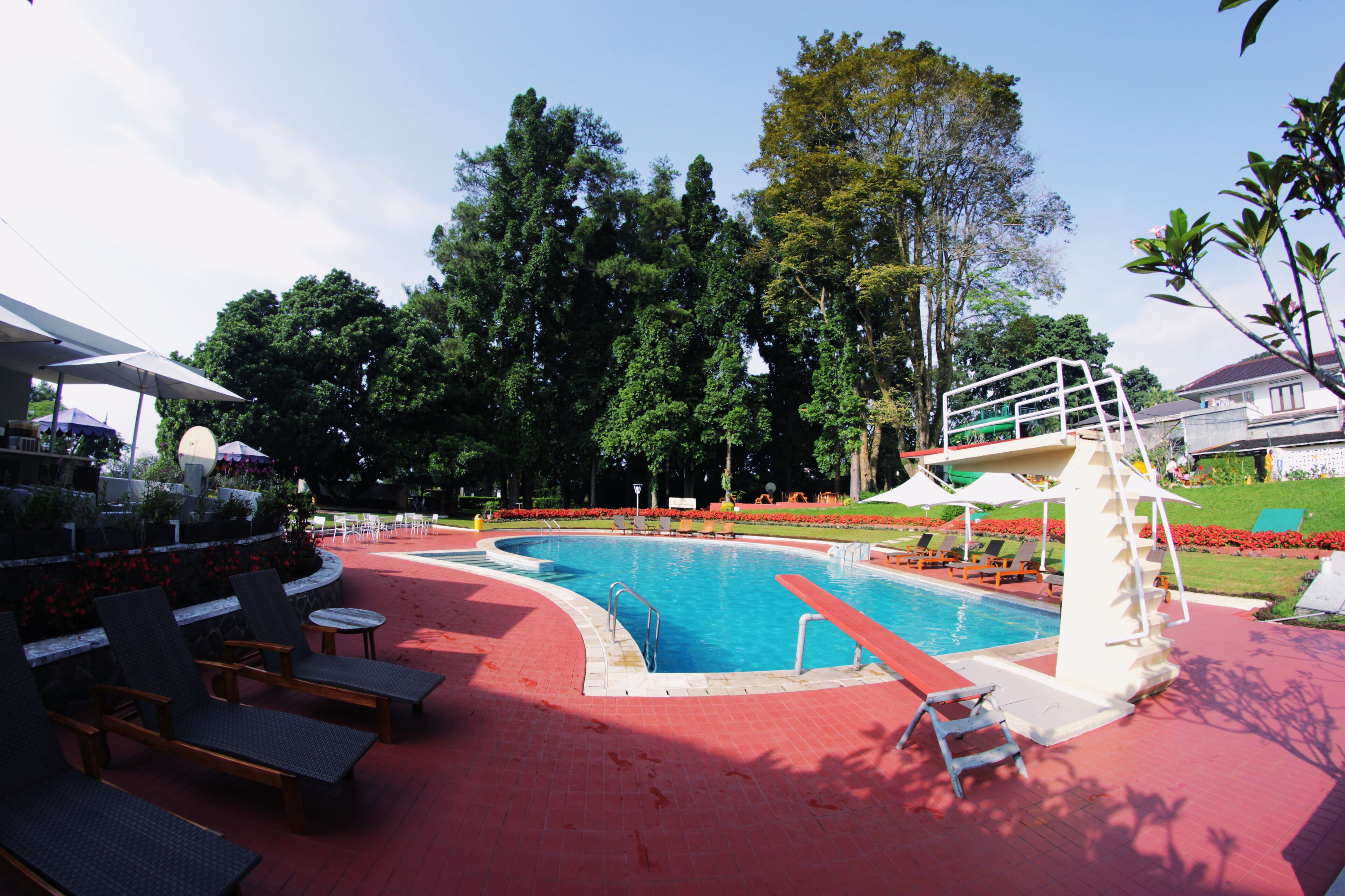 Una piscina con tabla de saltos, sillas de descanso y un deck con baldosas rojas.