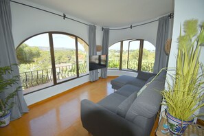 Flat-screen TV, fireplace