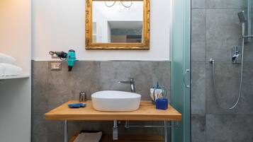 Shower, hair dryer, towels