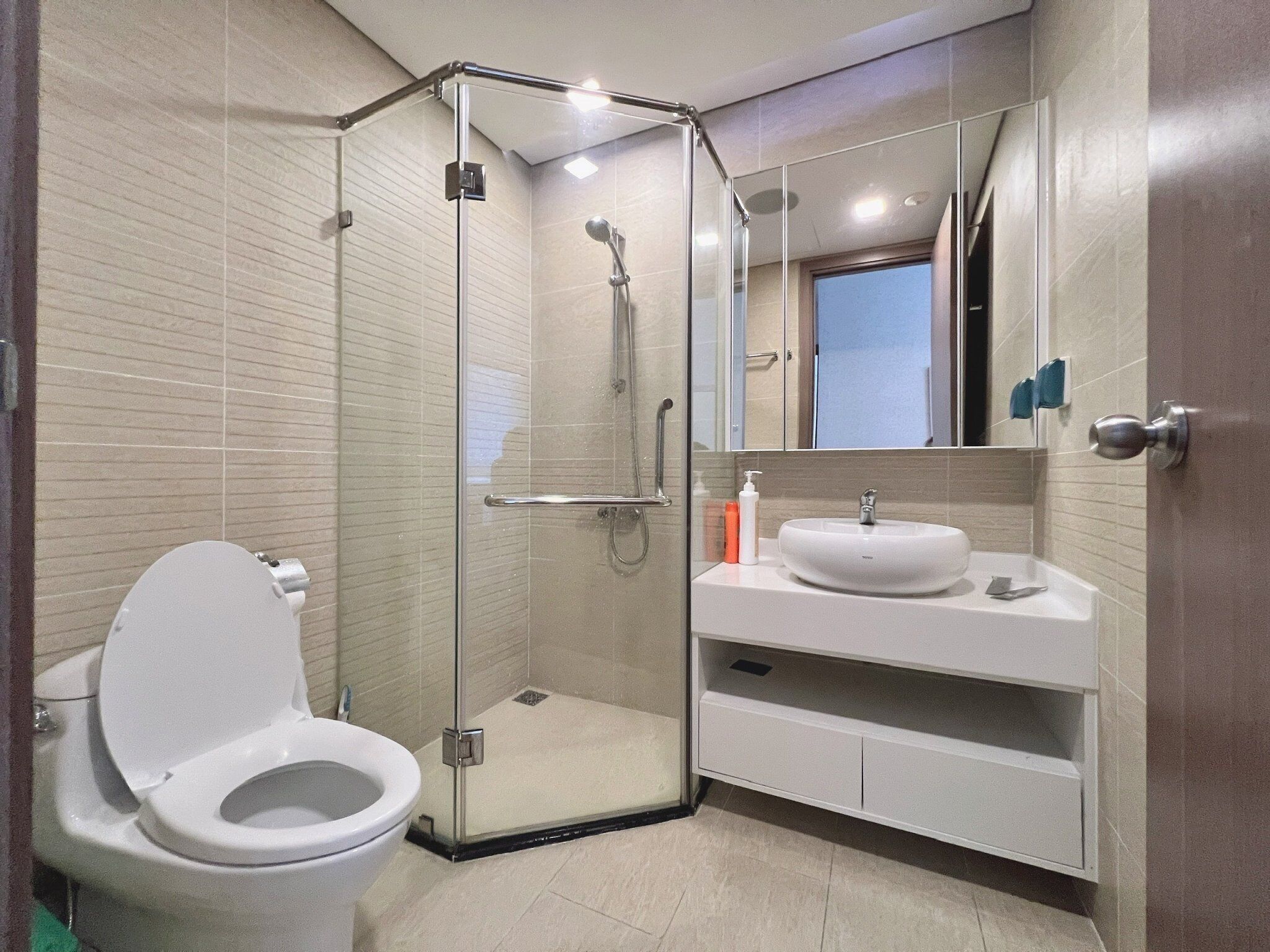A modern bathroom with a glass-enclosed shower, a white toilet, and a vanity with a sink and mirror.