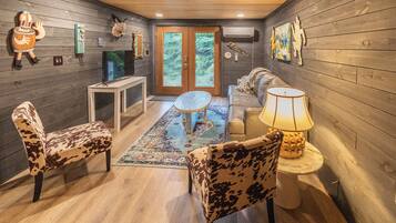 Smart TV, fireplace, books