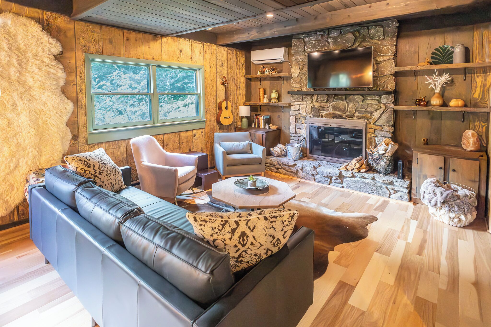 Smart TV, fireplace, books