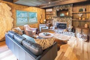 TV connectée, cheminée, livres