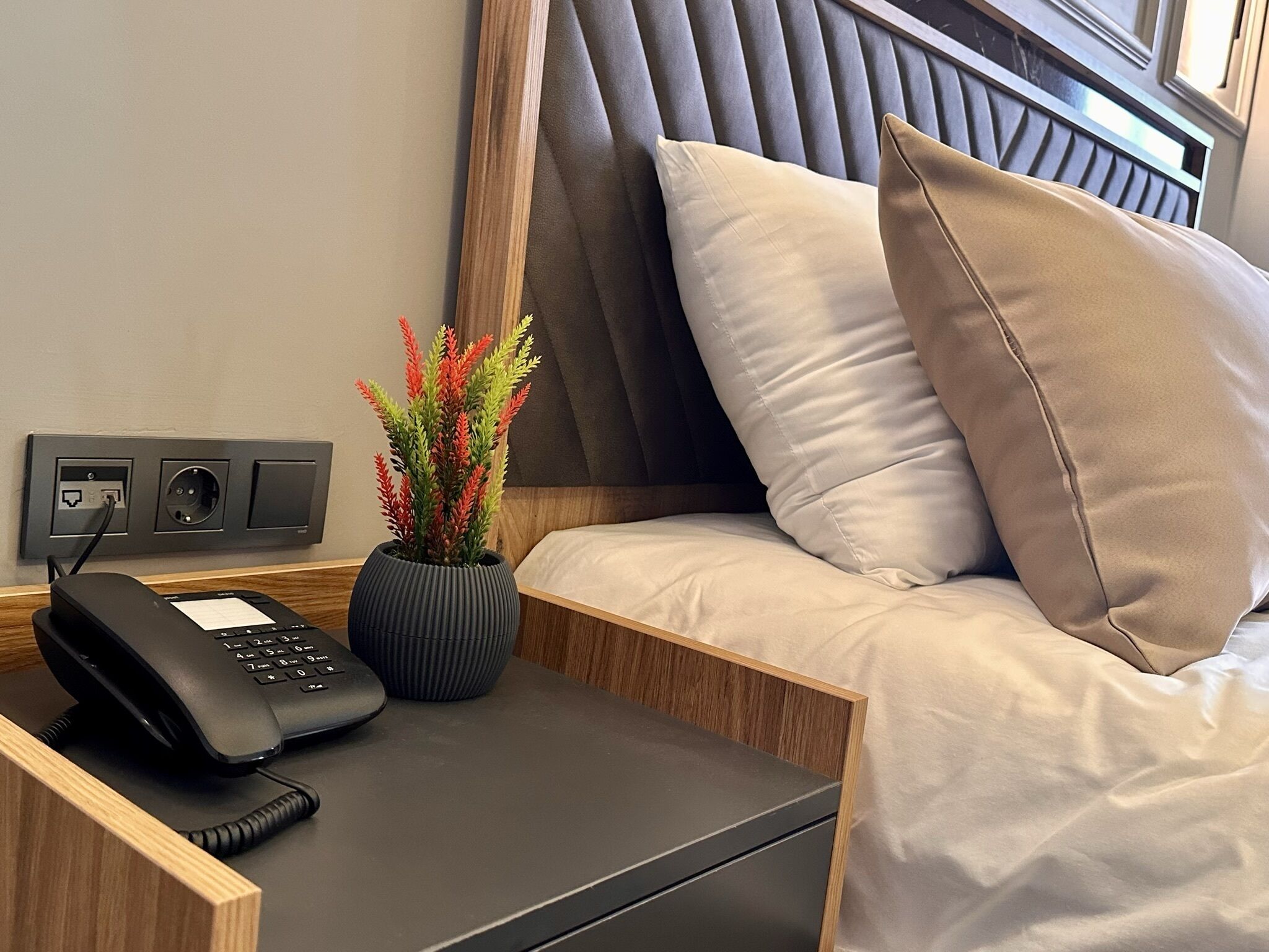 A neatly made bed with a headboard, a bedside table with a phone and a plant, and a power outlet on the wall.