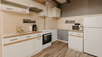 Comfort Apartment | Private kitchen | Full-sized fridge, microwave, oven, coffee grinder