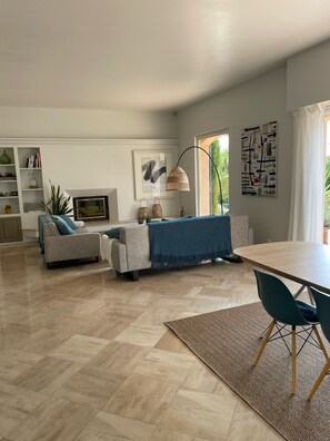 TV connectée, cheminée, lecteur de DVD, table de tennis de table