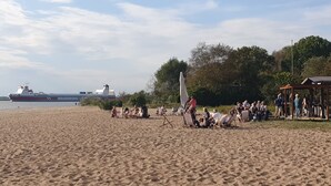 A sandy beach with people relaxing and a large ship in the background.